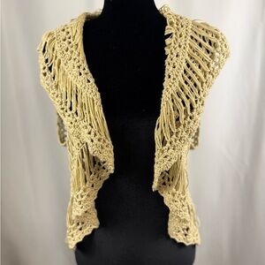 Mystree Boho Crochet Fringe Vest Open Knit Festival Duster Medium
